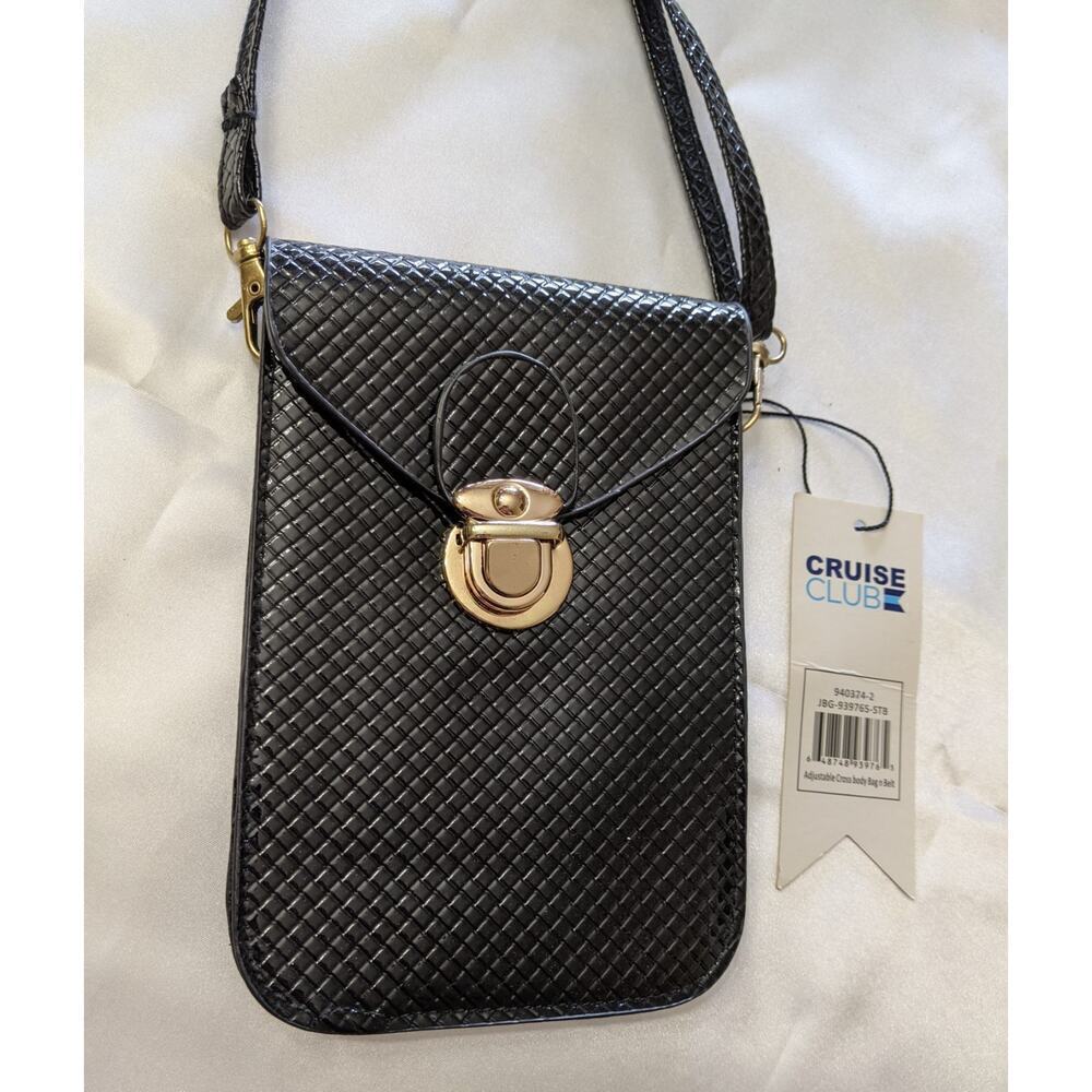 Cruise Club Crossbody Bag N Belt Metallic Textured Black Purse Adjustable Strap - Picture 2 of 3